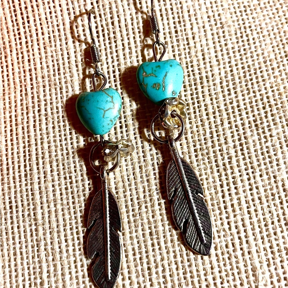 Turquoise like. feather earrings.